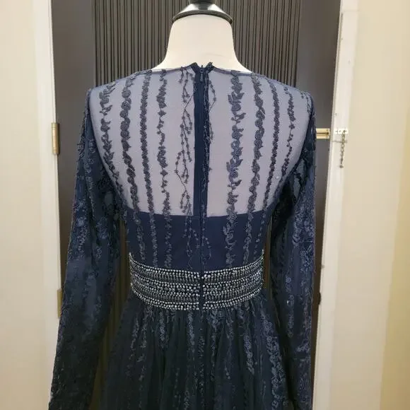 Mac Duggal 66591 Navy Blue 2 Long Sleeve Formal Embroidered Maxi Gown Dress - Picture 12 of 15